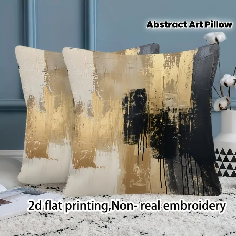 2pcs Retro Abstract Art Pillow Covers, 18X18 Inches, Ultra-Soft Short Plush, Double-Sided Print, Golden And Black Drip Design, Beige Canvas Texture, Zipper Closure, Machine Washable - Perfect for Sofa, Bed, Living Room Decor, Decorative Pillows