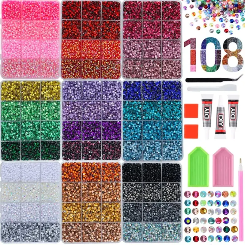 Rainbow 108 Grid Multi-Size Crystal Rhinestone Collection for Nail Art, Tumbler & DIY Crafts，108-Piece Nail Art Rhinestone Kit, Full Color Range, DIY Craft Supplies, Includes Glue, Tray, Pliers, Perfect for Clothing, Cups, Shoes, Fabric，