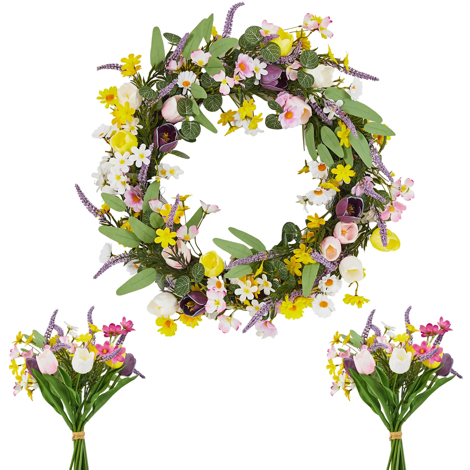 Artificial Tulip, Peony & Lavender Floral Decor with Greenery, Real Rattan Base, 2 Silk Bouquets, Farmhouse Porch