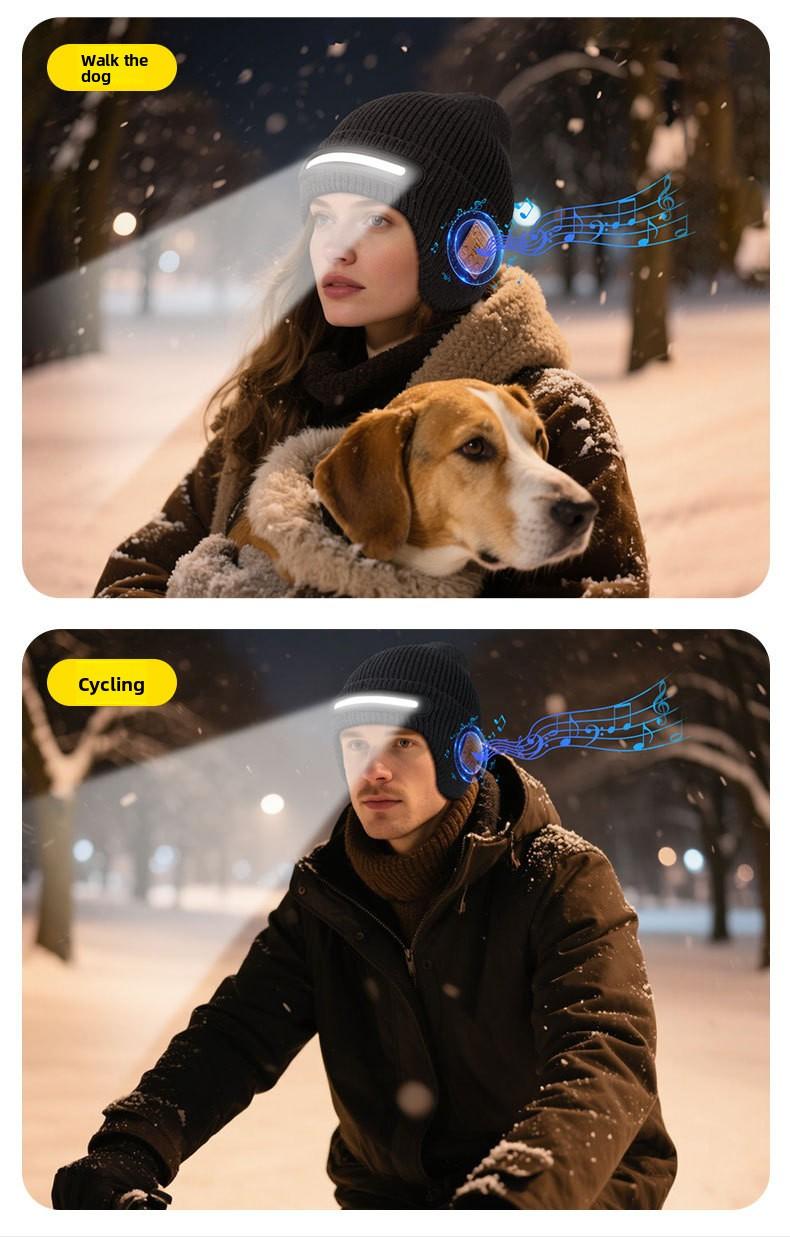 New USB Charging Light-Up Bluetooth Headphone Hat Outdoor Warm Knitted Ear Protection Hat Wireless Music Colorful Light Design Unisex Fashionable Casual Flashlight Hat for Christmas Holidays