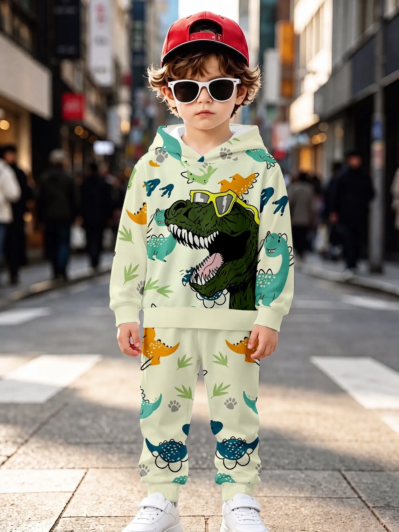 Light Color Full-Print Dinosaur Hoodie Set, Casual Long Sleeve Loose-Fit Suit, Fall & Winter Natural Waist Sweapants