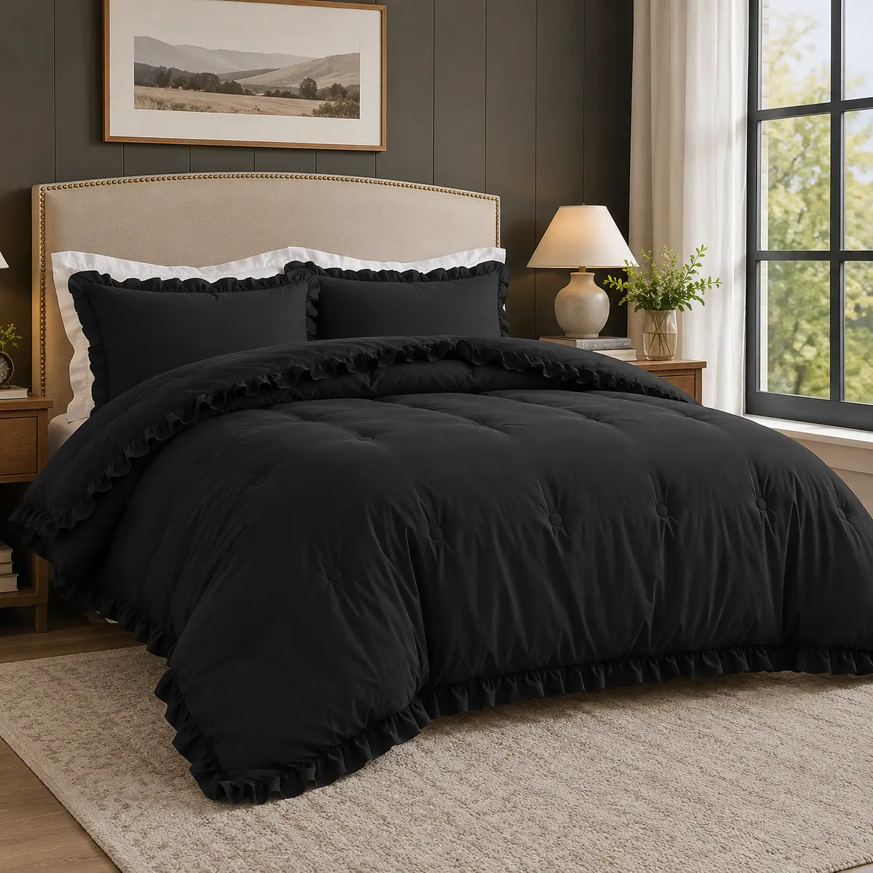 Queen Size Black Ruffled Tufted 3-Piece Satin Duvet Cover Bed Set - Luxury Cooling, Durable, Breathable Cotton-Blend, Goth Decor, Soft Silk Accessories, Optional Deep Pocket Sheets, Fast US Shipping, All-Season Gift, Dry Clean Only, Bedroom Decor, Gothic,