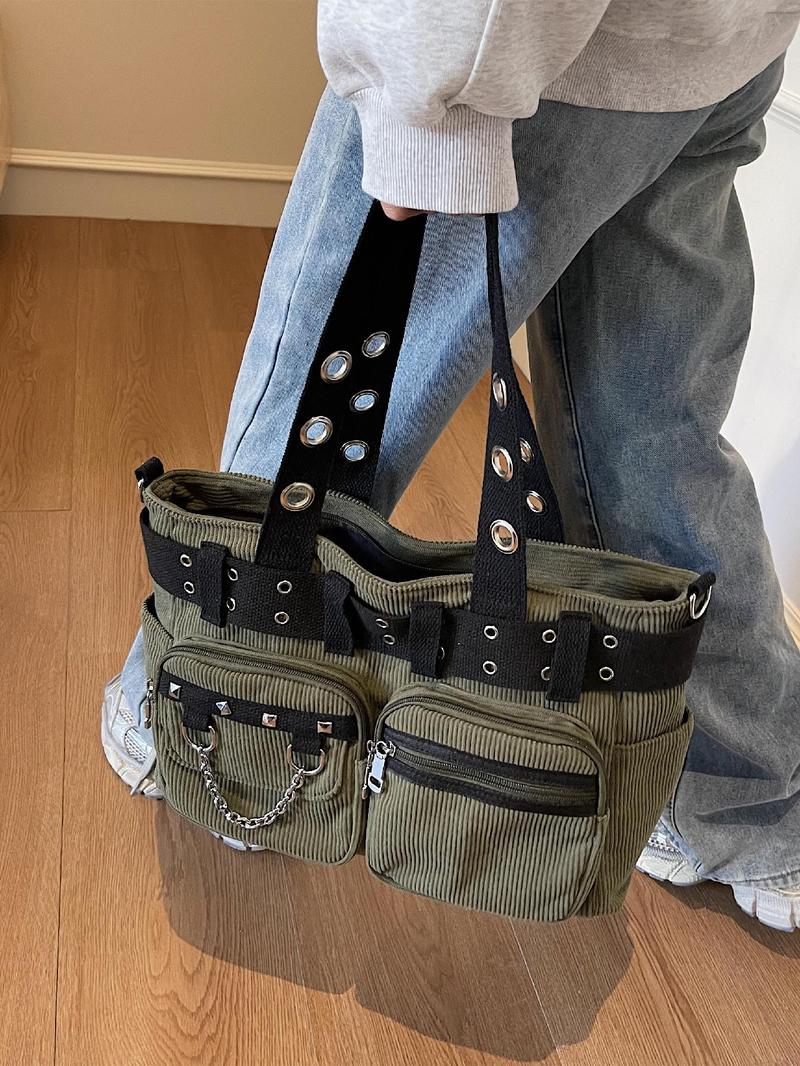 Punk Style Studded & Chain Decorated Crossbody Bag, Multi-pocket Shoulder Bag for Women, Casual Trendy Versatile High-quality Daily Commuting Bag