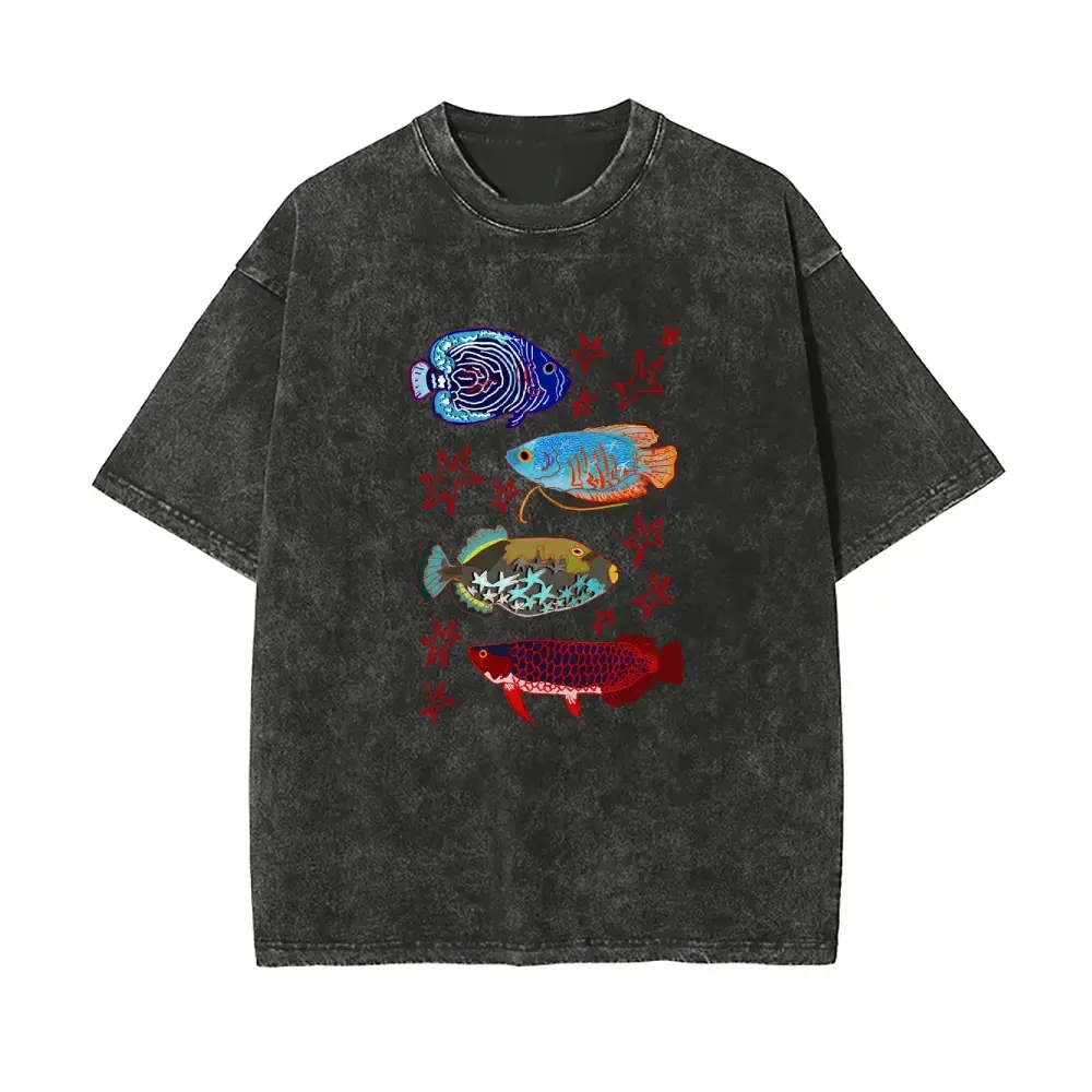 Unisex Fish Print Pattern Washed T-Shirt Cartoon underwater world design T-shirt, perfect for summer casual wear, soft and comfortable Unisex Washed T-Shirt for Women and Men's S~3XL