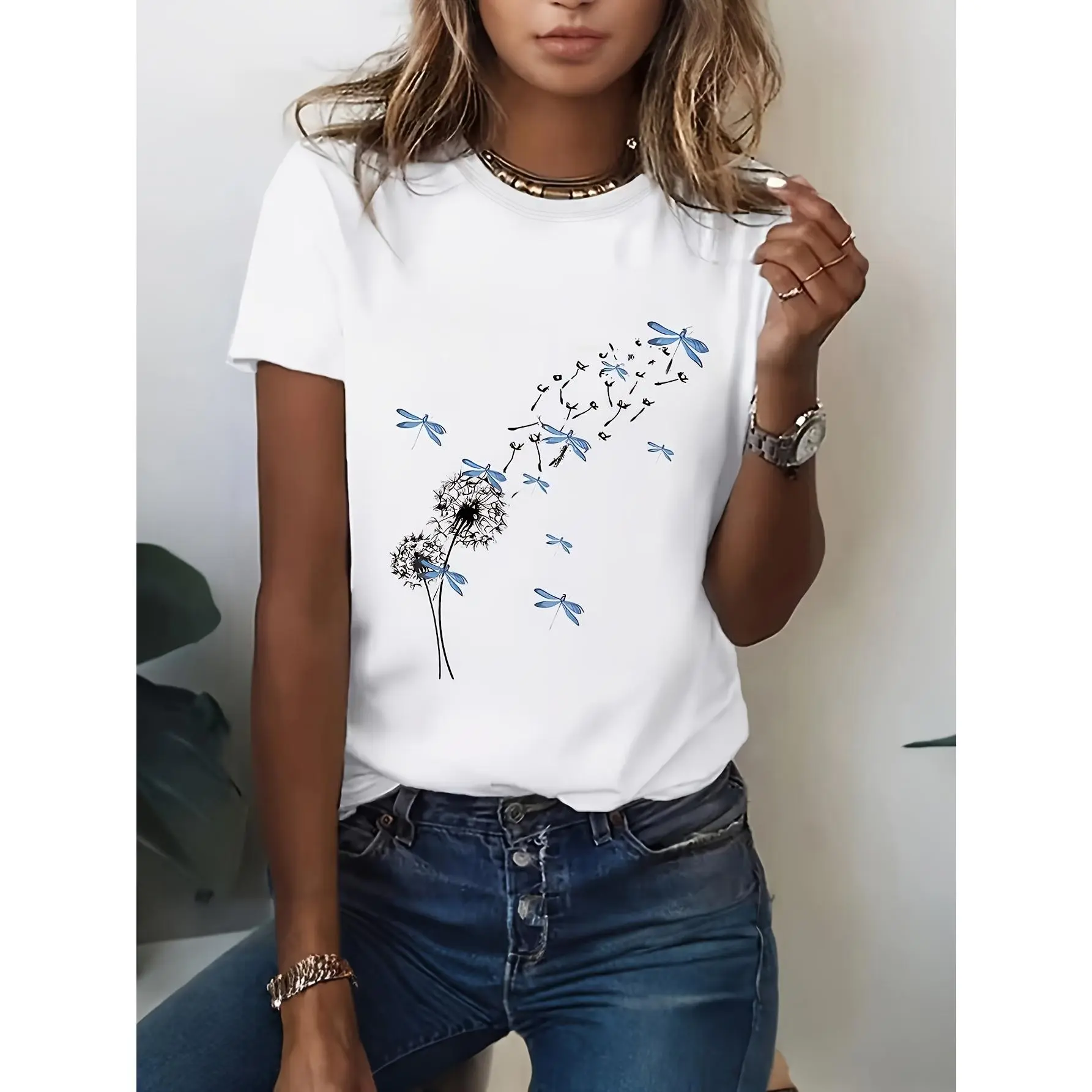 Summer New Dandelion and Dragonfly Print T-Shirt, Casual Korean Style Regular Fit Crew Neck Short Sleeve Tee
