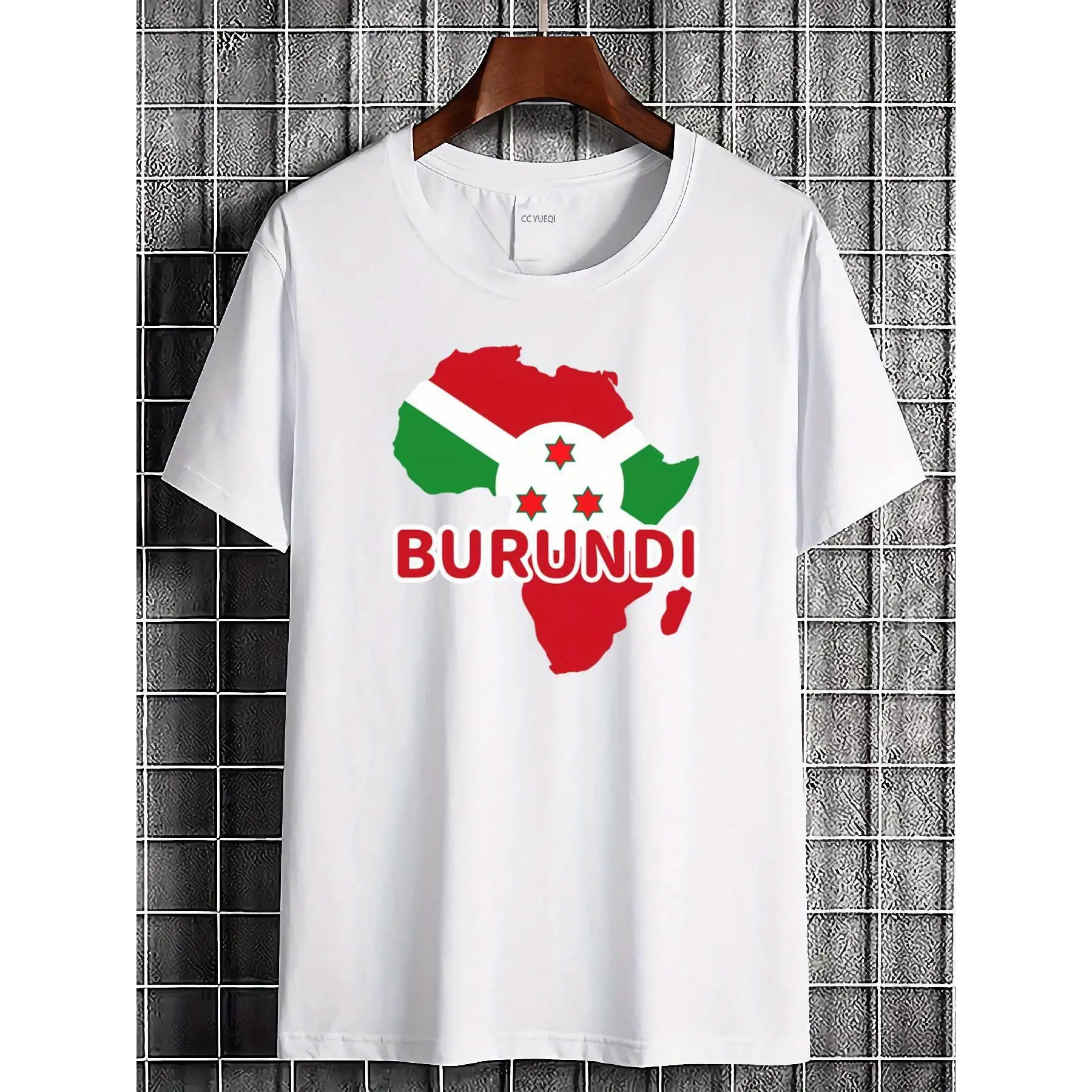 Men'S Burundi Flag Africa Map Graphic T-Shirt - Casual Short Sleeve Crew Neck, Regular Fit, Non-Stretch Fabric, All-Season Wear, White with Red & Green Stripes & Stars Design, Everyday Tshirt | Bold Graphic Tee | Cotton Tshirt