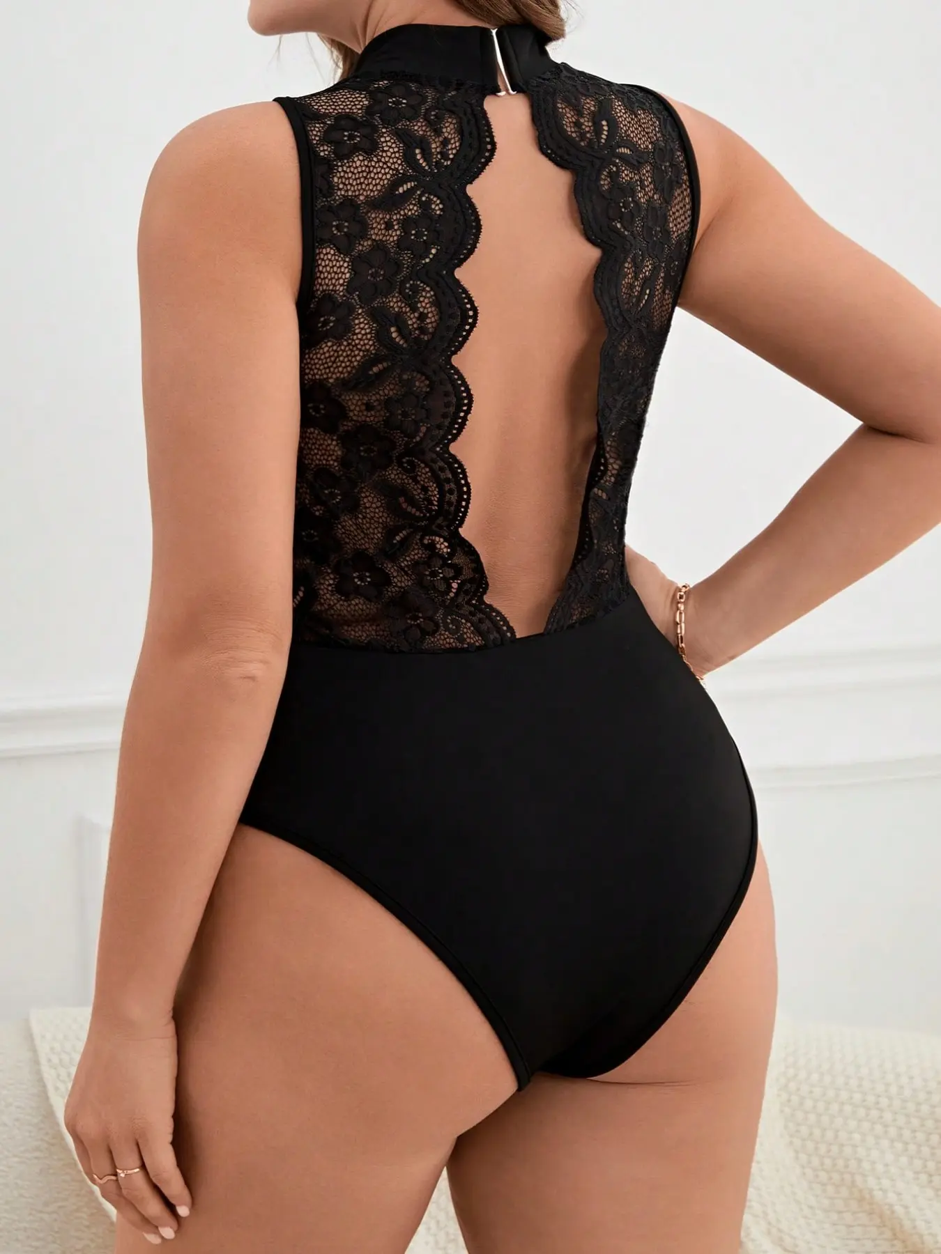 Plus Size Open Back Lace Trim Bodysuit Curvy Medium Stretch Mock Neck Halter Top Flattering Black Leotard Sexy Date Night Outfit Night Out Clubwear Viral Baddie Going Out Shirt Thick Girl Fashion