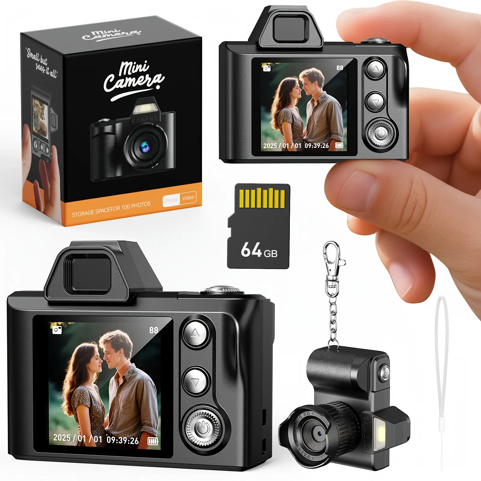 Mini Digital Keychain Camera, Small Keychain Camera Camcorder Micro Compact Portable Recorder Tiny Pixe, 1080P 2MP Mini Thumb Sized Camera Keychain, with 64GB Memory Card, Gift for Girlfriend, Boyfriend