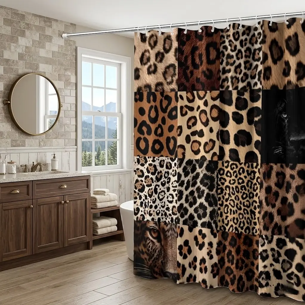 1pcs Patchwork Multi Shades Leopard Fur Print Aesthetic Shower Curtain, Mixed Cheetah Skin Grid, Bohemian Bathroom Decor