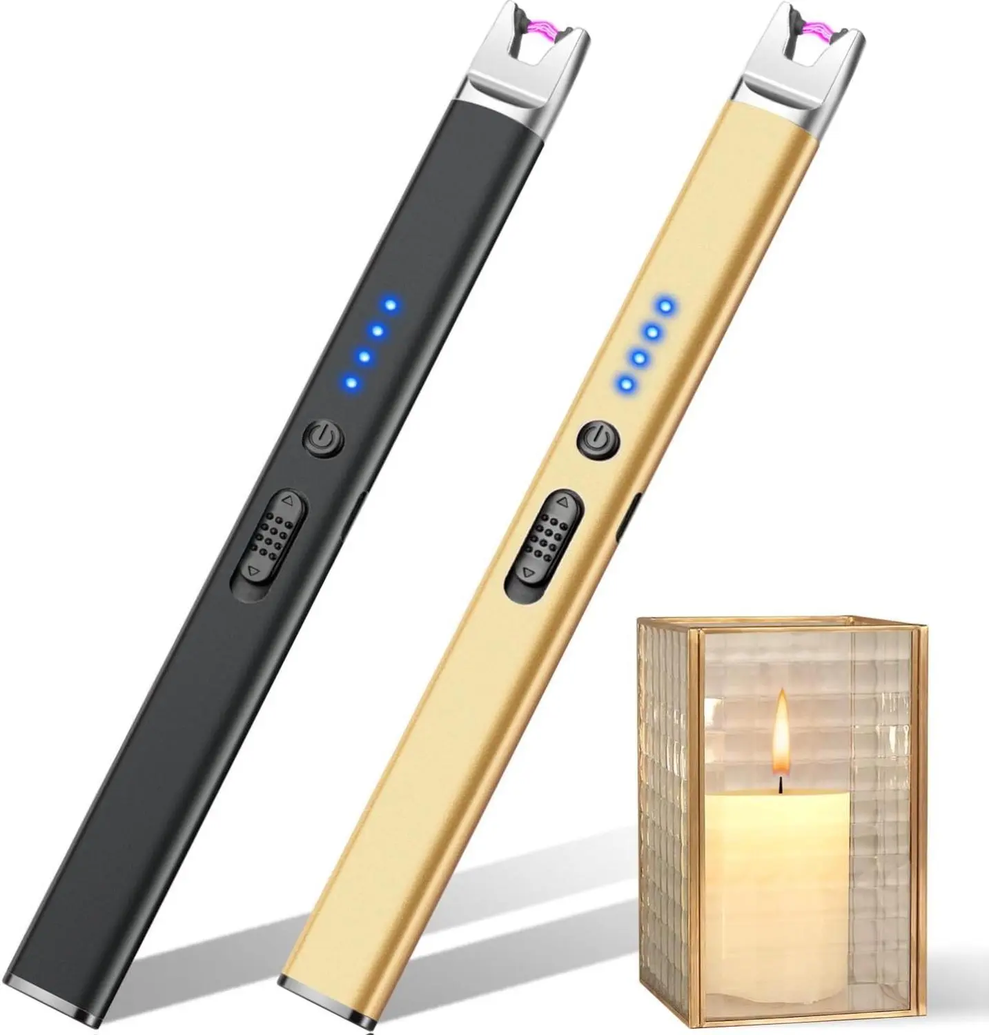 [New deal] -  2 Pack Candle Lighter Electric USB Rechargeable Plasma Arc Lighter with Safety Lock, Windproof Flameless Long Lighters for Candle, Grill, BBQ, Camping, Gas Stoves (Black, Gold)