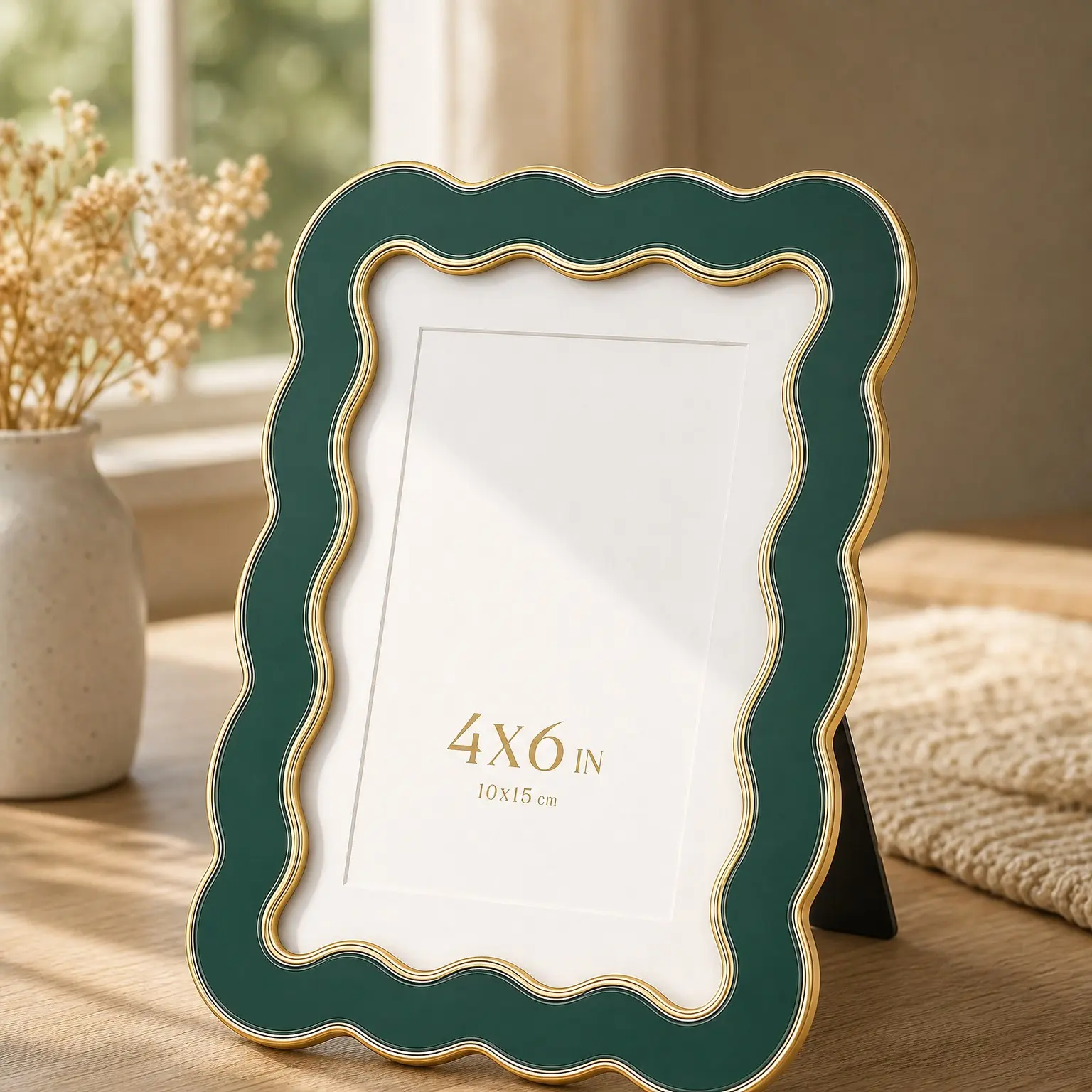 4x6 Scalloped Wavy Metal Picture Frame with Gold Edge, Hidden Jade Green Enamel-Look Inlay, Iron Frame, Tempered Glass, 3x5 Mat, Wall/Tabletop Display for Desks, Shelves, Gallery WallsGift