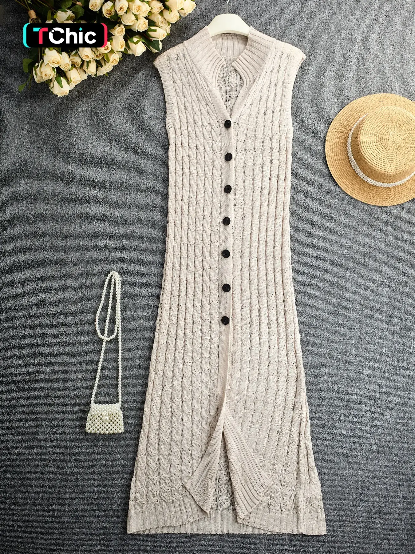 Elegant Casual Cable Knit Textured Breathable Fitted Long Vest for Women, Soft Knit Vest Tops Sleeveless Stand Collar Single Button Design for Spring Summer Fall, Elegant Layering Top