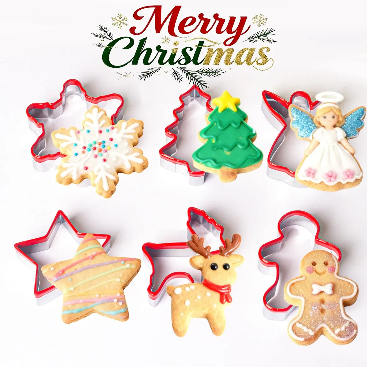 6-Piece Christmas Cookie Cutter Set, Gingerbread Boy, Reindeer, Snowflake, Star, Bell, Tree Baking Molds, Holiday Party Decor, Winter Festive Baking Tools