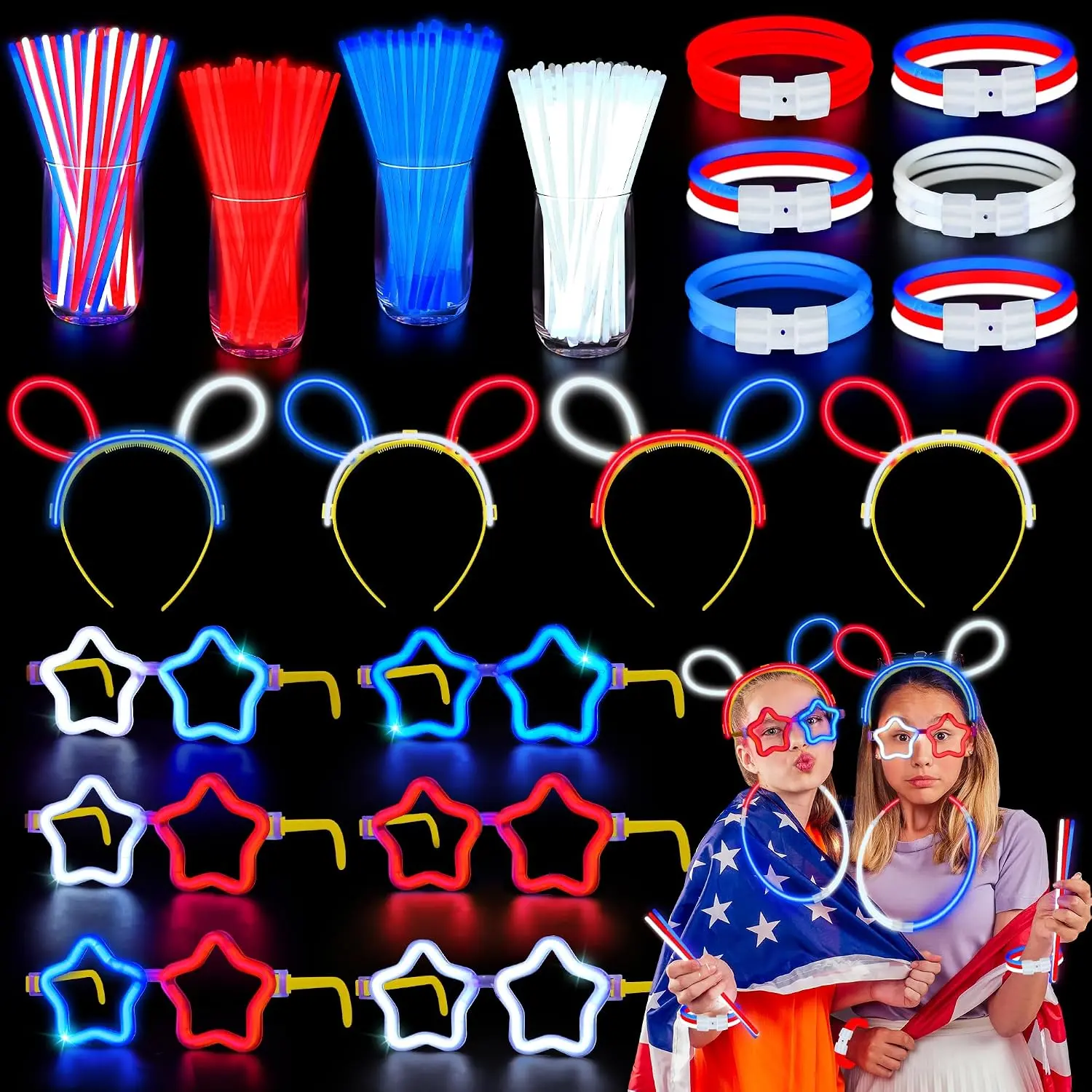 120Pcs 4th of July Accessories, Red White Blue Glow Sticks Patriotic Parade Throws Party Favors Bulk Fourth of July Light up Necklaces Glasses Anniversary Supplies Decor for Independence Day Party