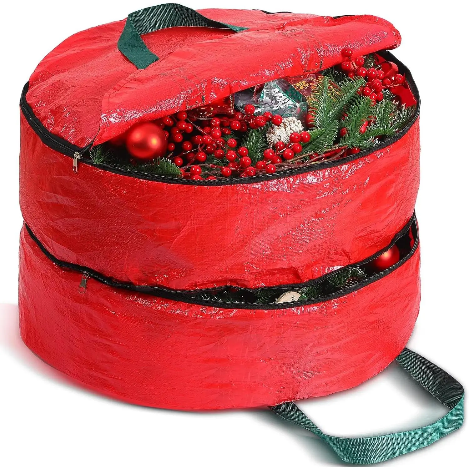 Shappy 30 Inch Red Double Layer Christmas Wreath Storage Bag, Pure Color Seasonal Garland Container with Dual Zippers and Handles for Xmas Holiday Use