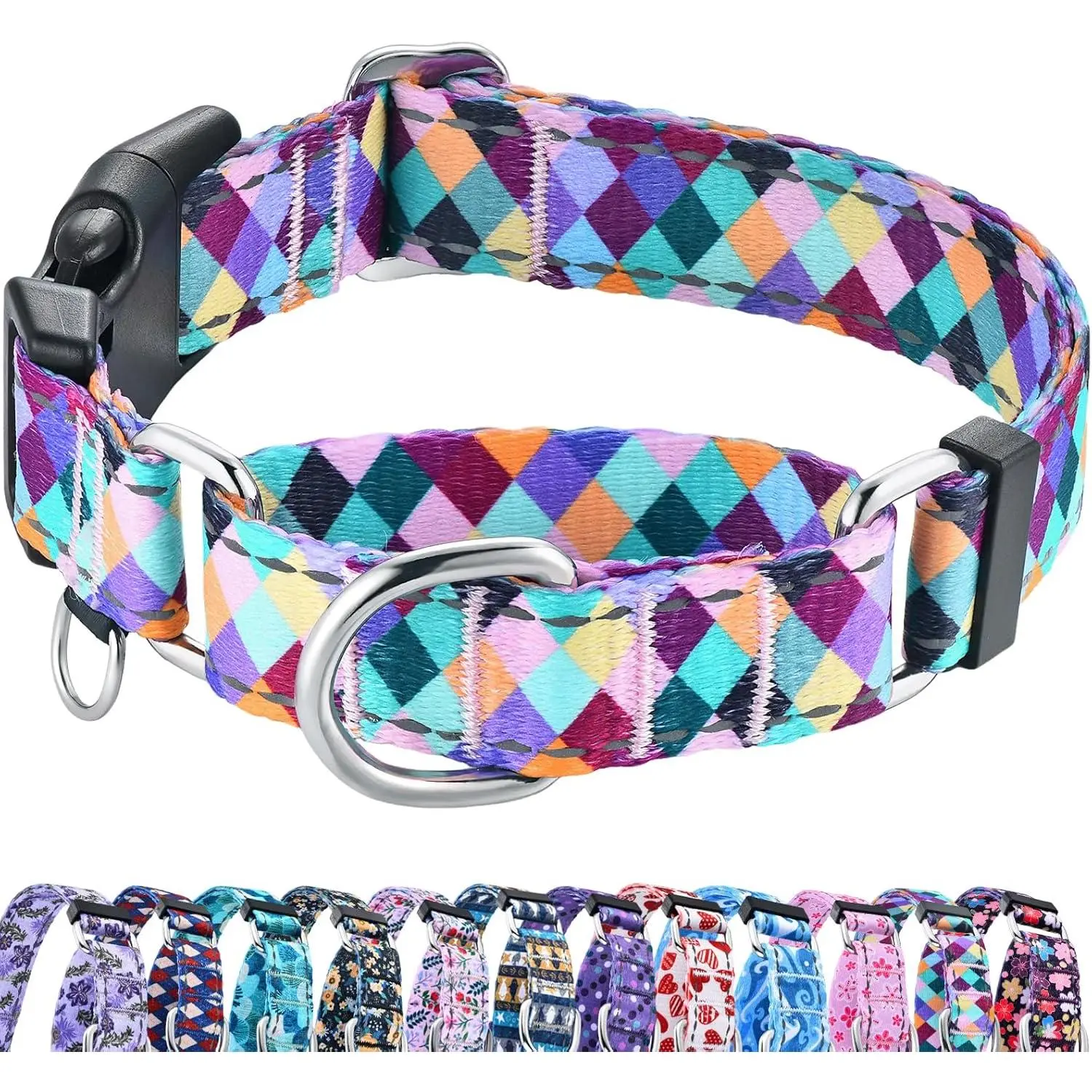 Nylon Reflective Martingale Dog Collar - Quick-Release Buckle, No-Pull Training Design, Colorful Geometric Argyle Pattern, Adjustable Sizes (Purple,Yellow,Turquoise,Lavender,Medium) with Reflective Threads for Night Visibility,Camping,Walking Working Dogs