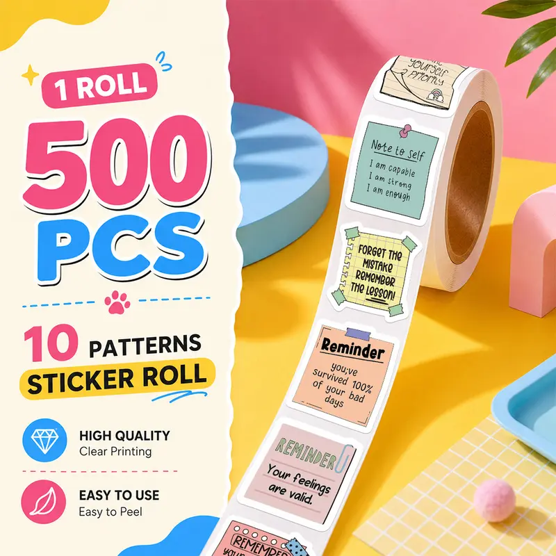 500PCS/Roll Reminder Notes Sticker Roll, 10 Designs Aesthetic Decorative Sticker Tape, Self Adhesive Journaling Stickers for Notebook, Laptop, Phone Case and Daily Decoration, Sticky Labels
