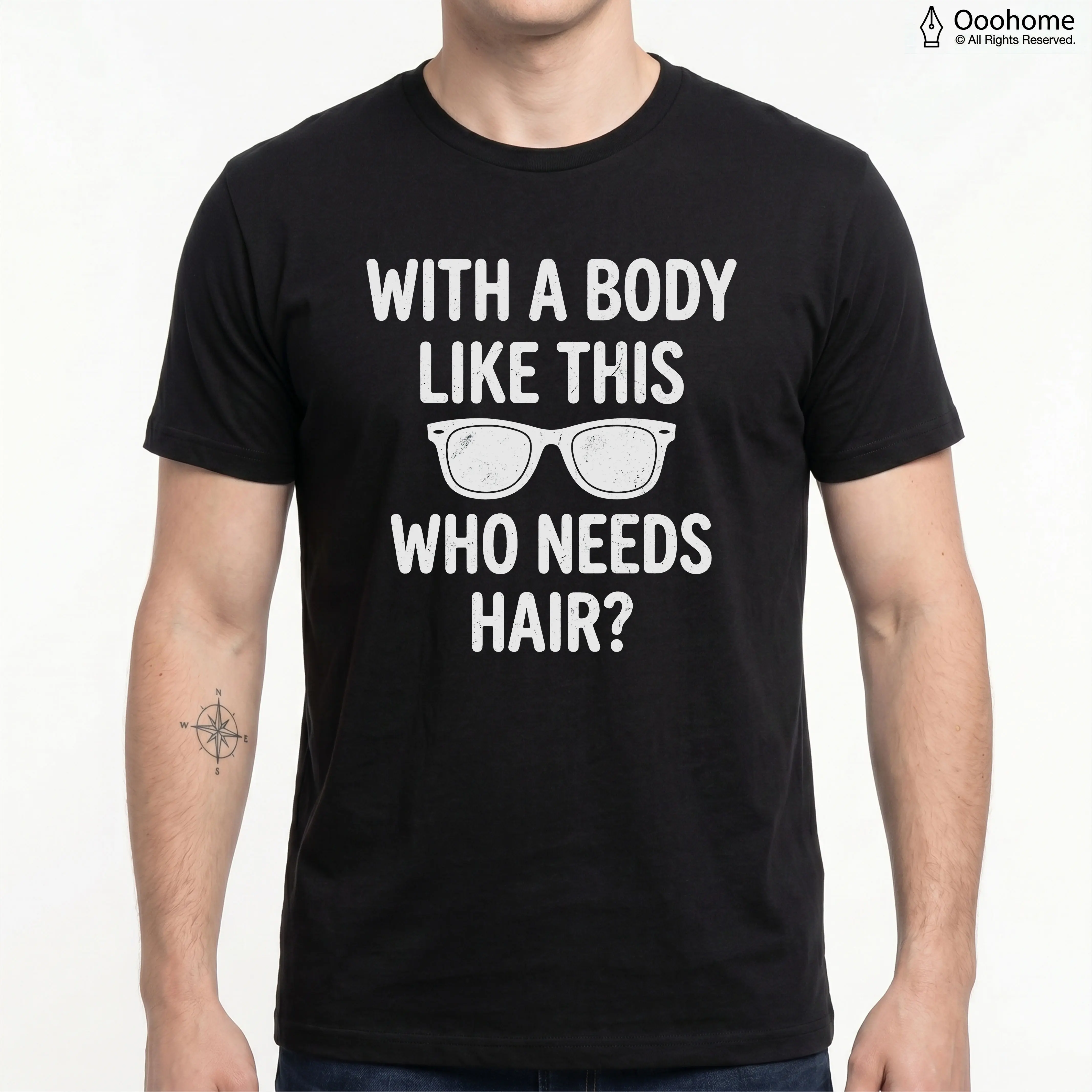 Funny "With A Body Like This Who Needs Hair" Unisex T-Shirt – Balding Dad Bod Joke Tee for Men Women, Cool Vintage Casual Top, Classic Sarcastic Novelty Gift for Him Her, Black and White