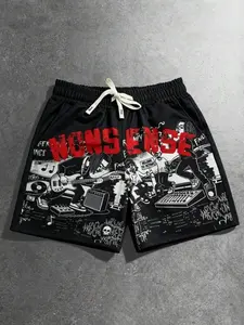 Music Festival Shorts Men's NONSENSE Slogan Shorts Rap Singer Graffiti Printed Shorts Women and Men Same Style Black Cartoon Portrait Printed Street Trend Brand Summer Shorts Casual Bottoms Geometric Aesthetics Outdoor Shorts Y2K