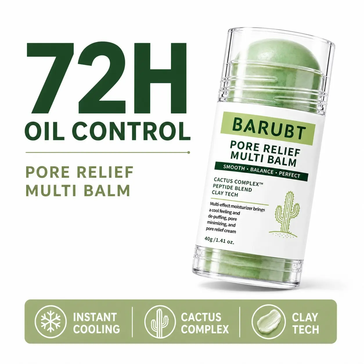 BARUBT Pore Relief Multi Balm Stick,72H Oil Control Instant Cooling Clay Face Stick,Pore Minimizer Depuffing Skin Balm for Smooth Refined Skin,40g