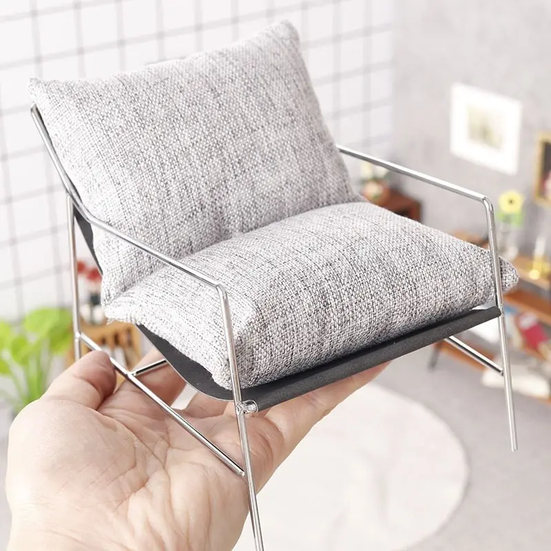 Miniature Dollhouse Armchair, Gray Fabric Metal Frame Lounge Chair for DIY Living Room and Roombox Decor, Miniature Furniture