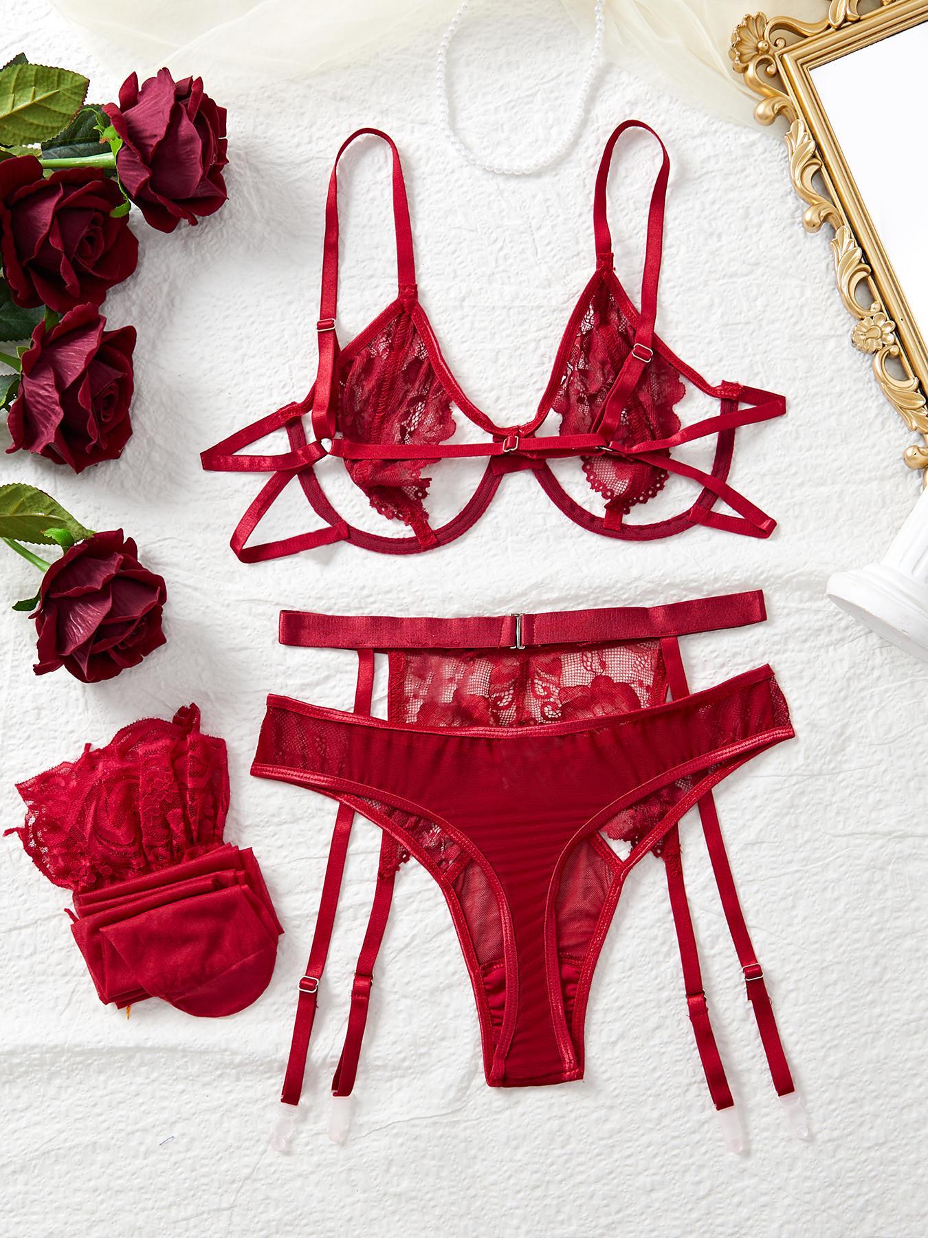 Women's Lace Sexy Lingerie Set, Womenswear Solid Color Bra & Thong & Garter  Belt & Stocking, Elegant Comfy Lightweight Breathable Fitted Lingerie Set  for Women Underwear - TikTok Shop