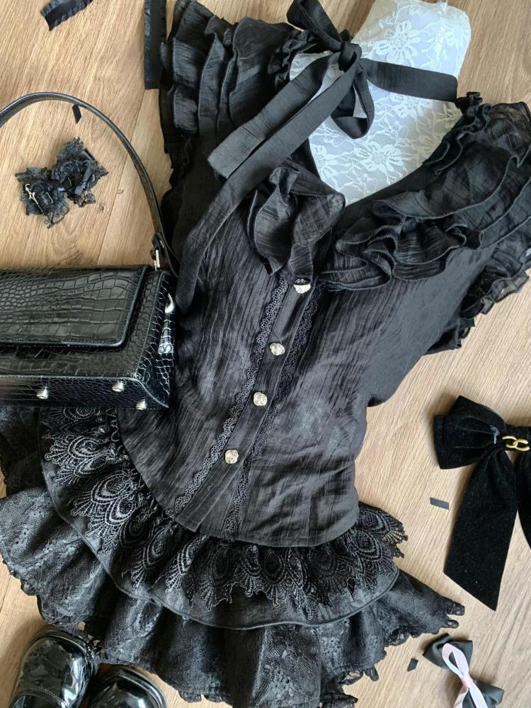 Black Gothic Vintage Elegant 2 Piece Sets Women  Sexy Lolita Design Mini Skirt Suit Female Princess Chic Outfits Halloween