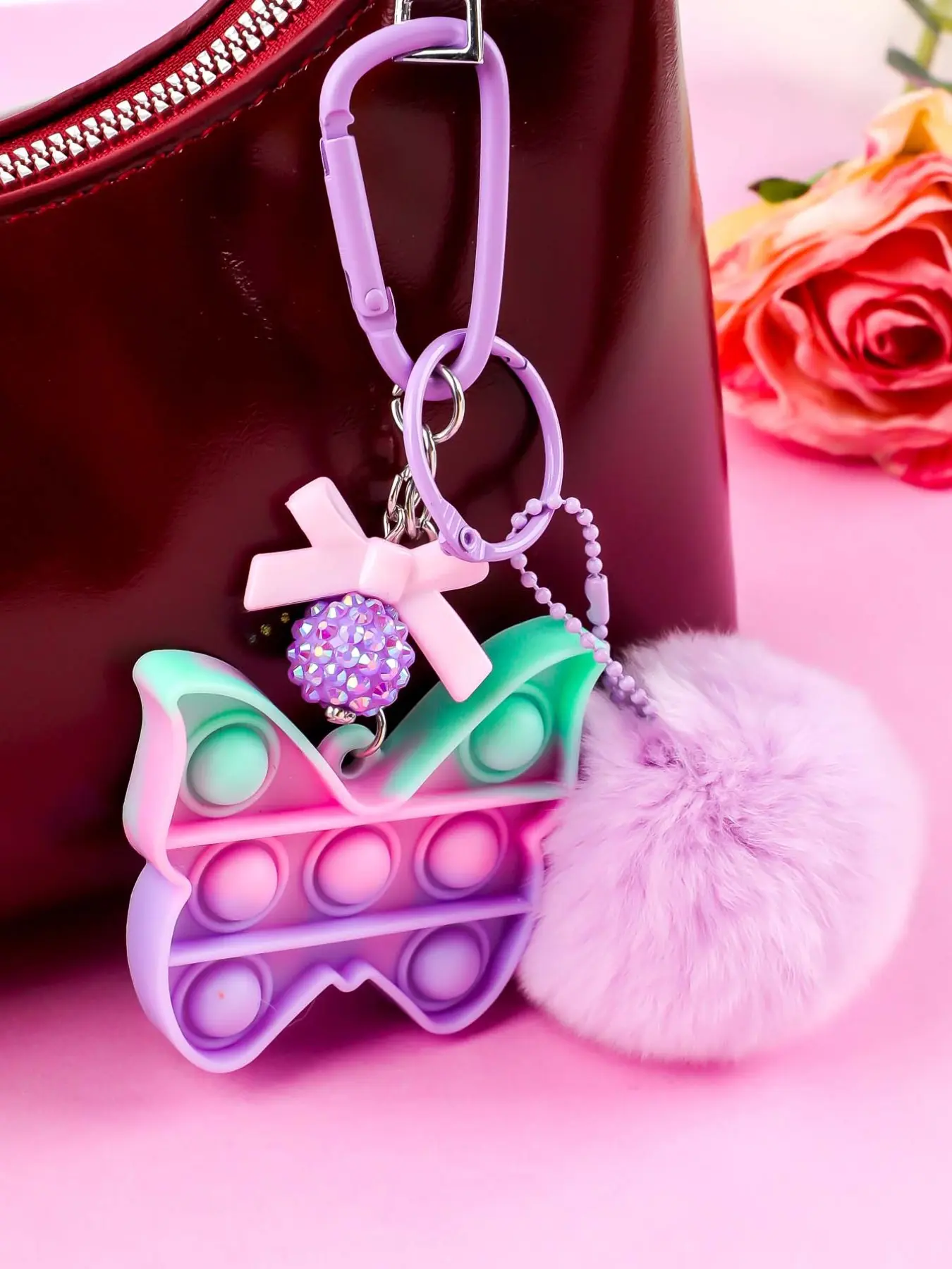 Mini Pop It Fidget Keychain, Pastel Gradient Silicone Bubble Toy, Pom Pom Bow Bag Charm, Stress Relief Key Ring Gift for Girls