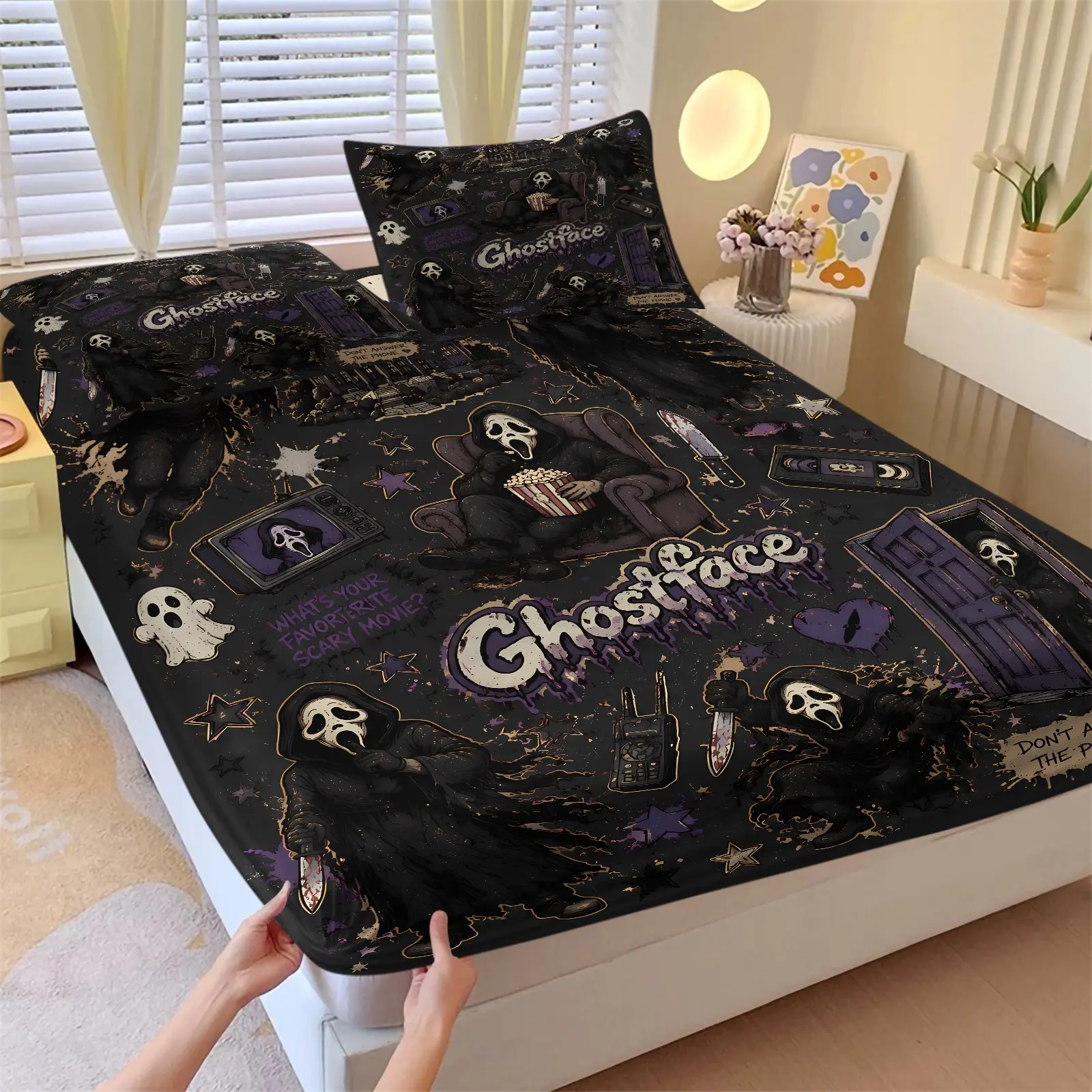 Scream Black‑Purple Horror Movie Ghostface Fitted Sheet Set & 2 Pillowcases, Multi-Pose Ghostface and Haunted House Full Moon Ghost Print Bedding, Sweet Gothic Halloween Teen Bedrooms Movie Fan Rooms Decor