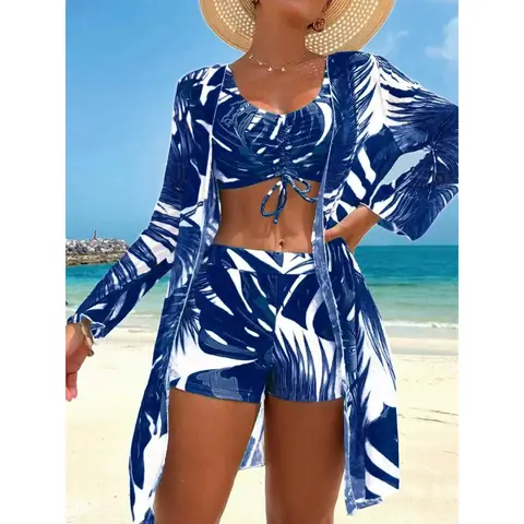 Women's 3-Piece Rash Guard Swimsuit - UV-Protective Long Sleeve Modest Swimming Wear, European Style Full Coverage Swimsuit Women for Spring-Summer Beach Vacation