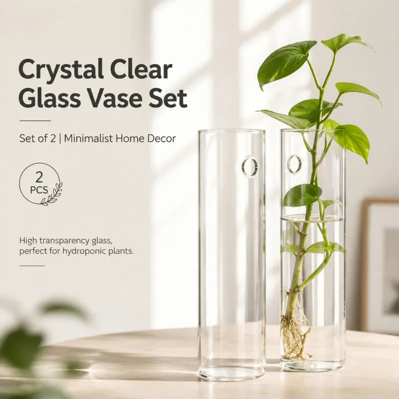 Set of 2 Crystal Clear Glass Vases - Minimalist Hydroponic Planters with Wall-Mount Holes for Modern Home Decor Flower Vases Vases for Flowers