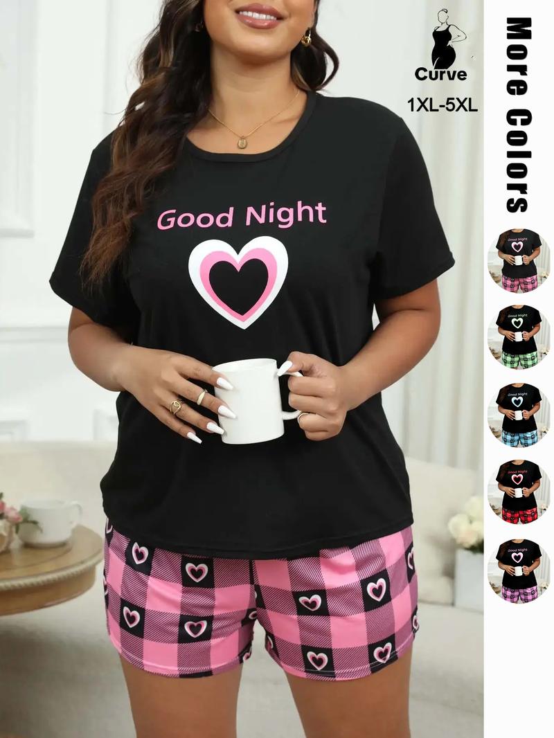 Plus Size Heart & Plaid Print Pajama Set, Casual Round Neck Short Sleeve T-shirt & Shorts Pj Set, Summer Sleepwear & Loungewear, Summer Outfits 2024, Women's Nightwear