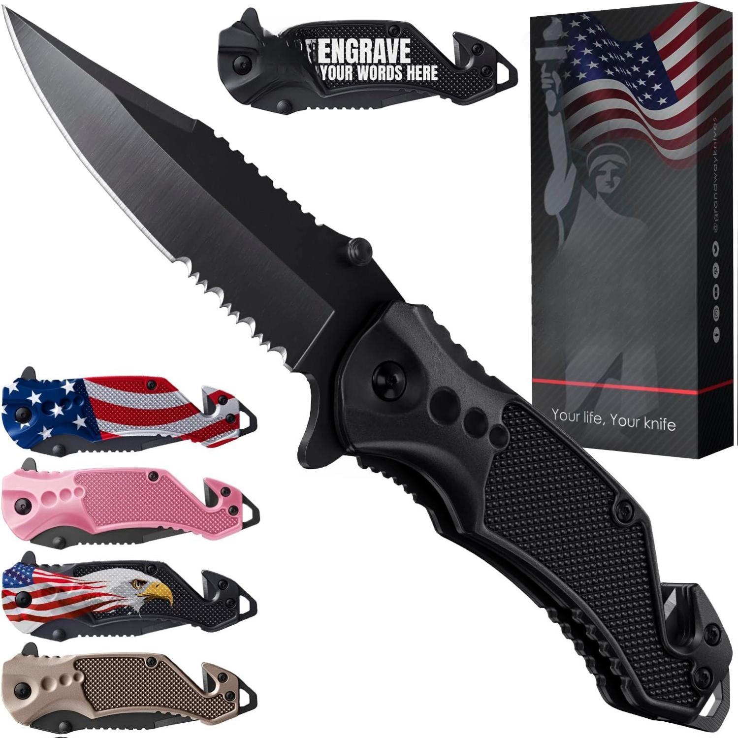 Pocket Knife with 2.95” Serrated Blade, Glass Breaker, Seat Belt Cutter - EDC Sharp Folding Knives with Portable Clip - Small Tool for Tactical Camping Survival Hiking - Gifts for Men, Women Pocket Knife with 2.95” Serrated Blade, Glass Breaker, Seat Belt Cutter - EDC Sharp Folding Knives with Portable Clip - Small Tool for Tactical Camping Survival Hiking - Gifts for Men, Women