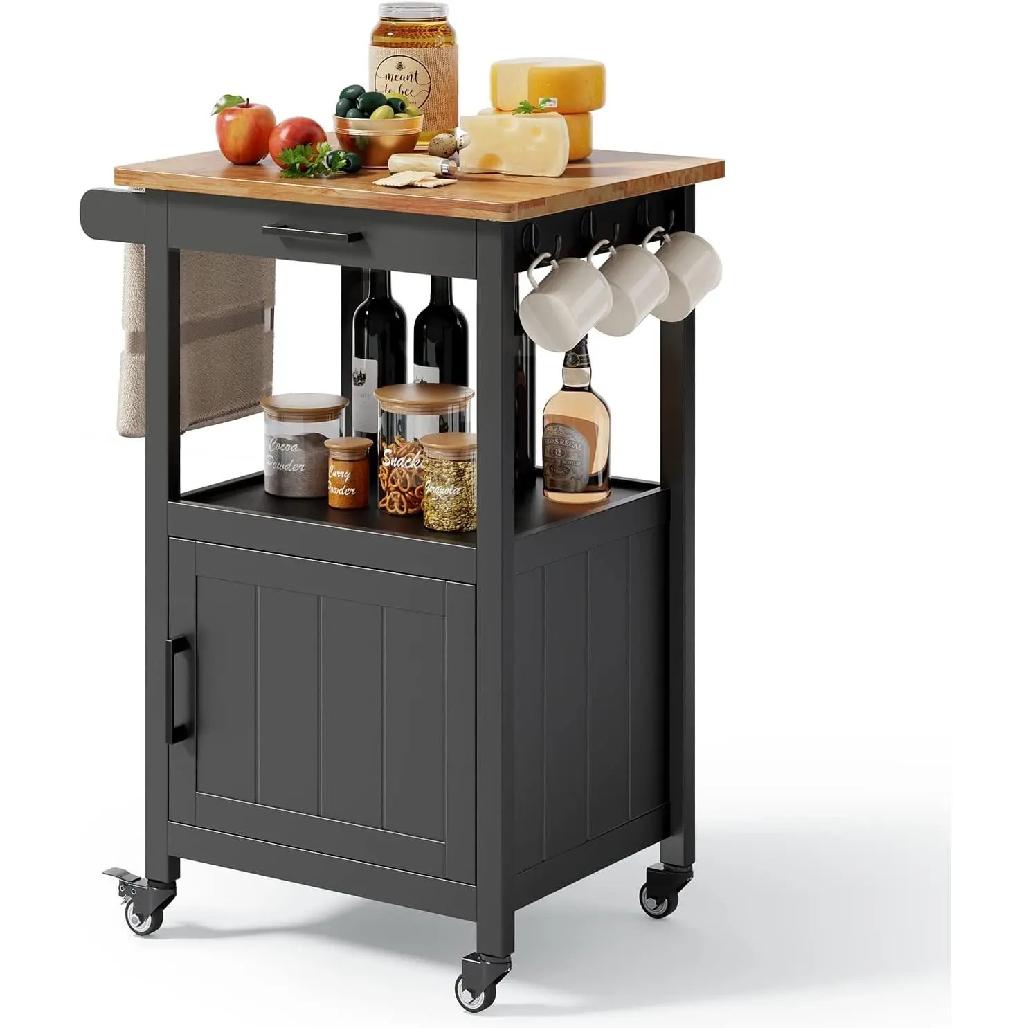 Microwave Cart, Microwave Stand | Kitchen Island on Wheels, Rolling Kitchen Cart with Rubber Wood Countertop, Side Hook, Microwave Cart for Small Space