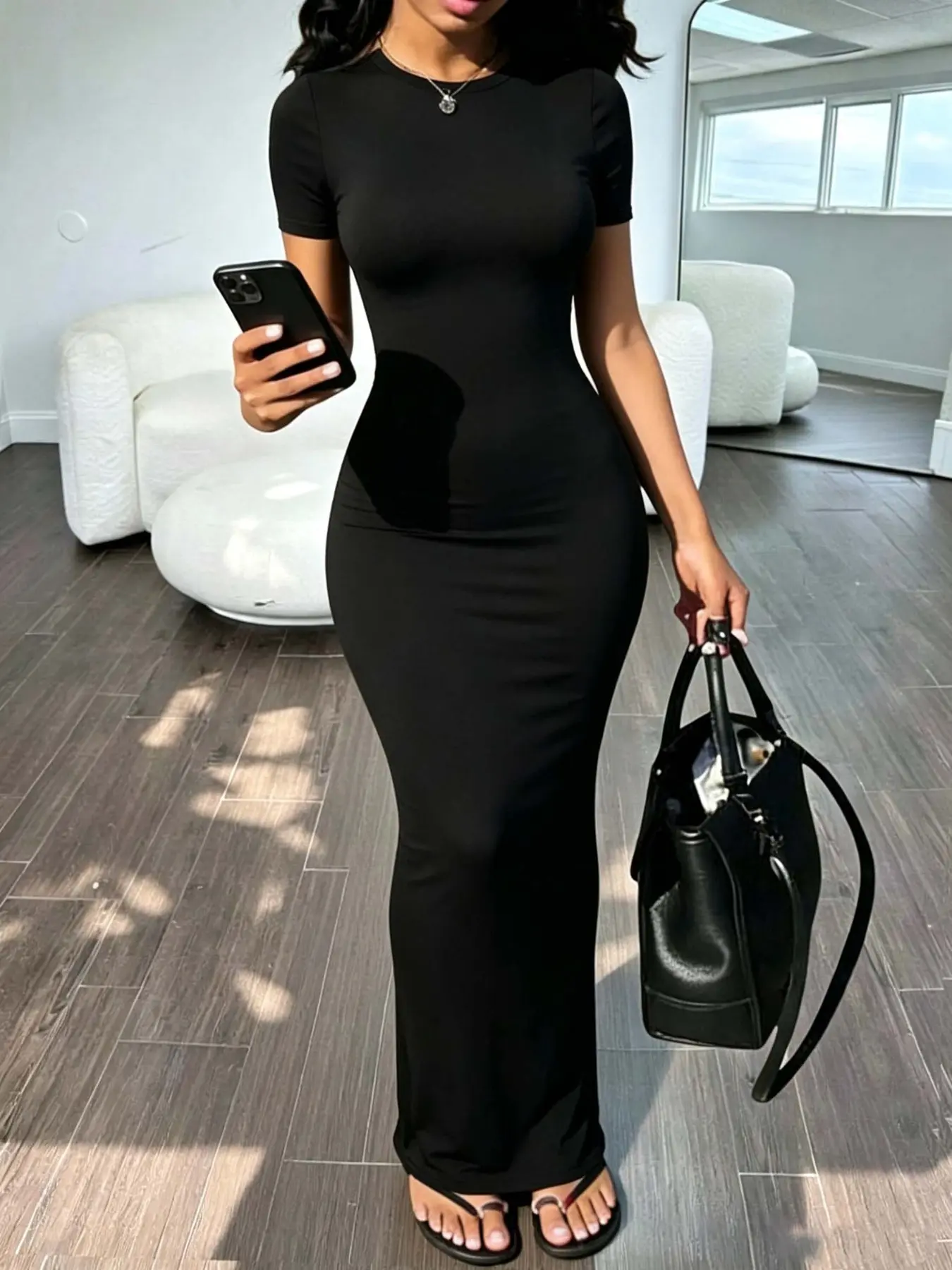 Women’s Crew Neck Short Sleeve Bodycon Maxi Dress, Tummy Flattering High Waist, Stretchy Soft Modal, Casual Daily Wear, Trendy Long Dress