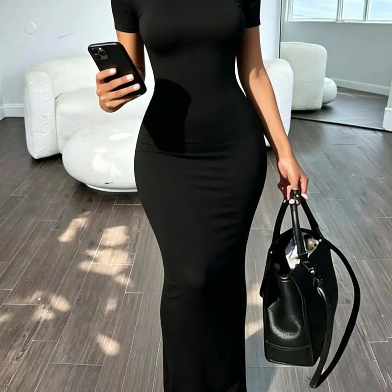 Women’s Crew Neck Short Sleeve Bodycon Maxi Dress, Tummy Flattering High Waist, Stretchy Soft Modal, Casual Daily Wear, Trendy Long Dress, Minimalist