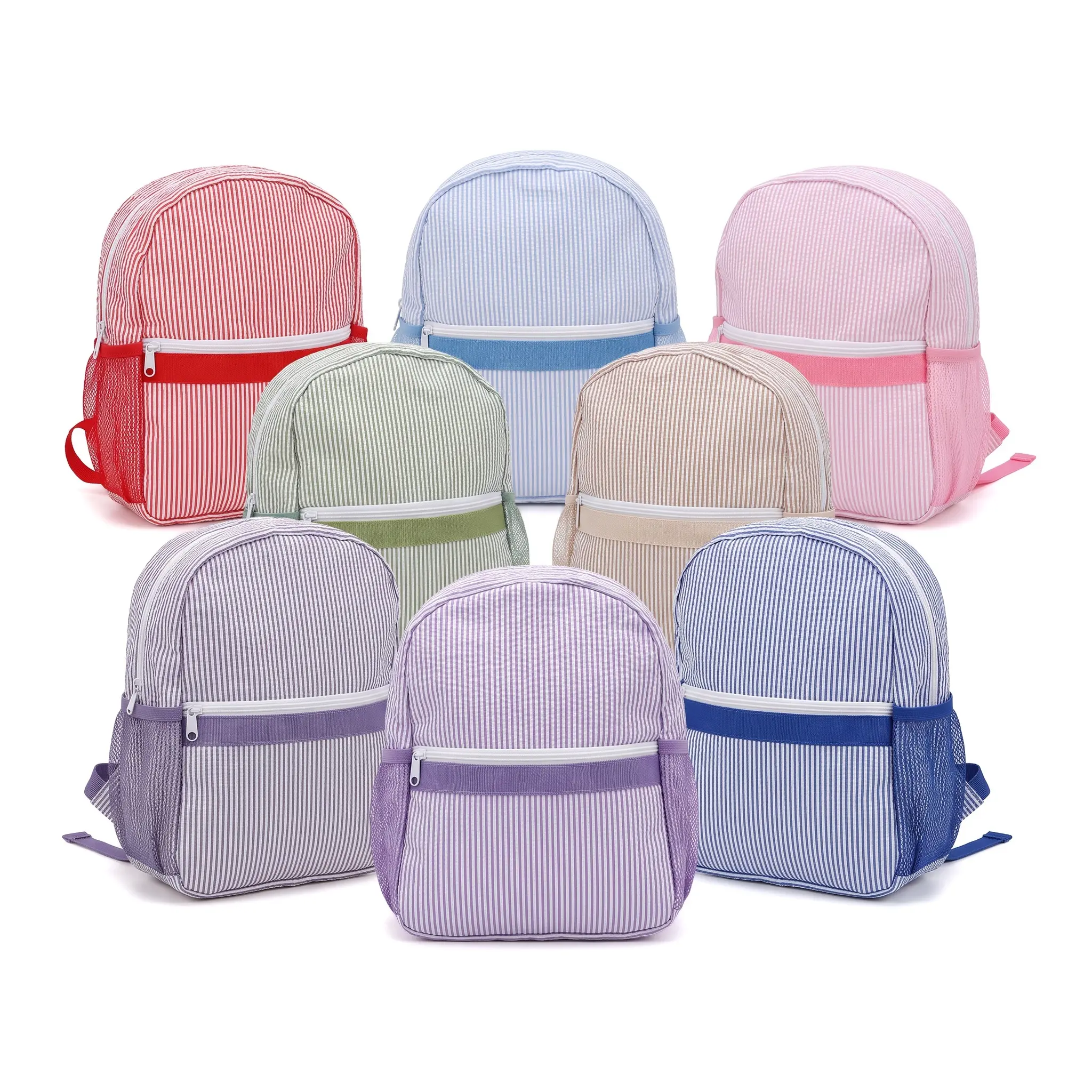 Seersucker Striped Backpack Casual Travel 20 35L Stowable Fits 9 Inch Laptop Unisex Students Everyday Essential Lightweight Carry On Bag
