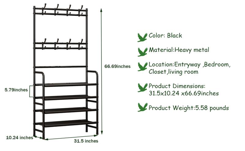 SORCEDAS Coat Rack Shoe Rack With Storage Shelf Freestanding with 8 Hooks for Entryway Bedroom Closet 4 Tier, Black