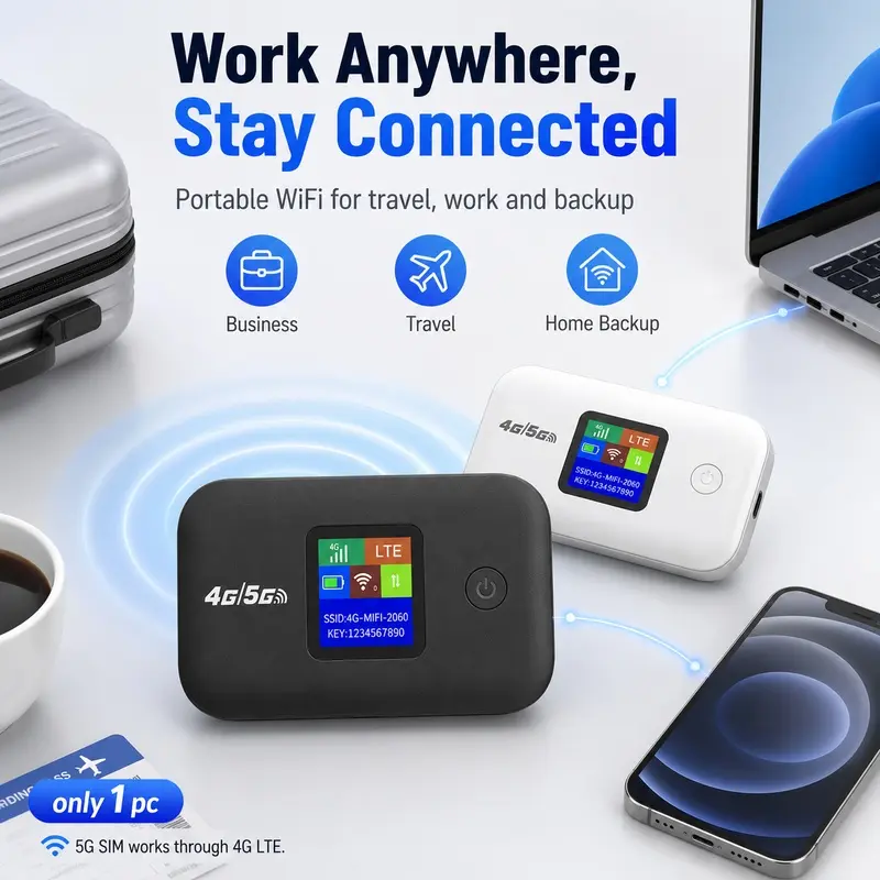 4G LTE Travel Router, Portable WiFi Hotspot with 150Mbps Wireless Performance, Connects Up to 10 Devices, Compact Mobile Router with Rechargeable Battery for Europe Camping, RV Adventures, Motorhomes and Business Trips