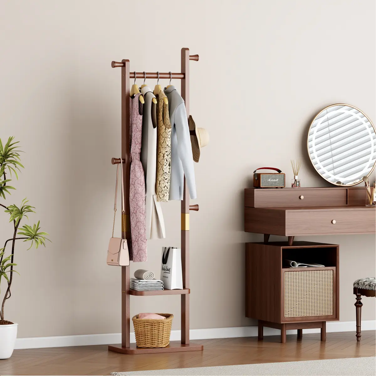 Modern Freestanding Coat Rack - Walnut Rubberwood Jacket Rack, 18.9"L * 11.8"W * 69.63"H, Natural Grain, High-Density Eco-Friendly, Disassembleable Space-Saving Sturdy Garment Hanger Stand for Entryway, Bedroom