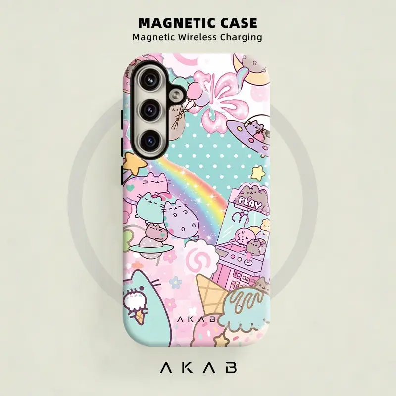 AKAB Cartoon Cats Rainbow Candy Collage Film 2-in-1 Magnetic Phone Case, Shockproof Tpu Protector for Samsung Galaxy S24 S23 S22 S21 Ultra Plus FE 5G S20 FE A56 A36 A26 5G A17 A16 A15, Dual-Layer Full-Coverage Drop-Proof, Wireless Charging Compatible