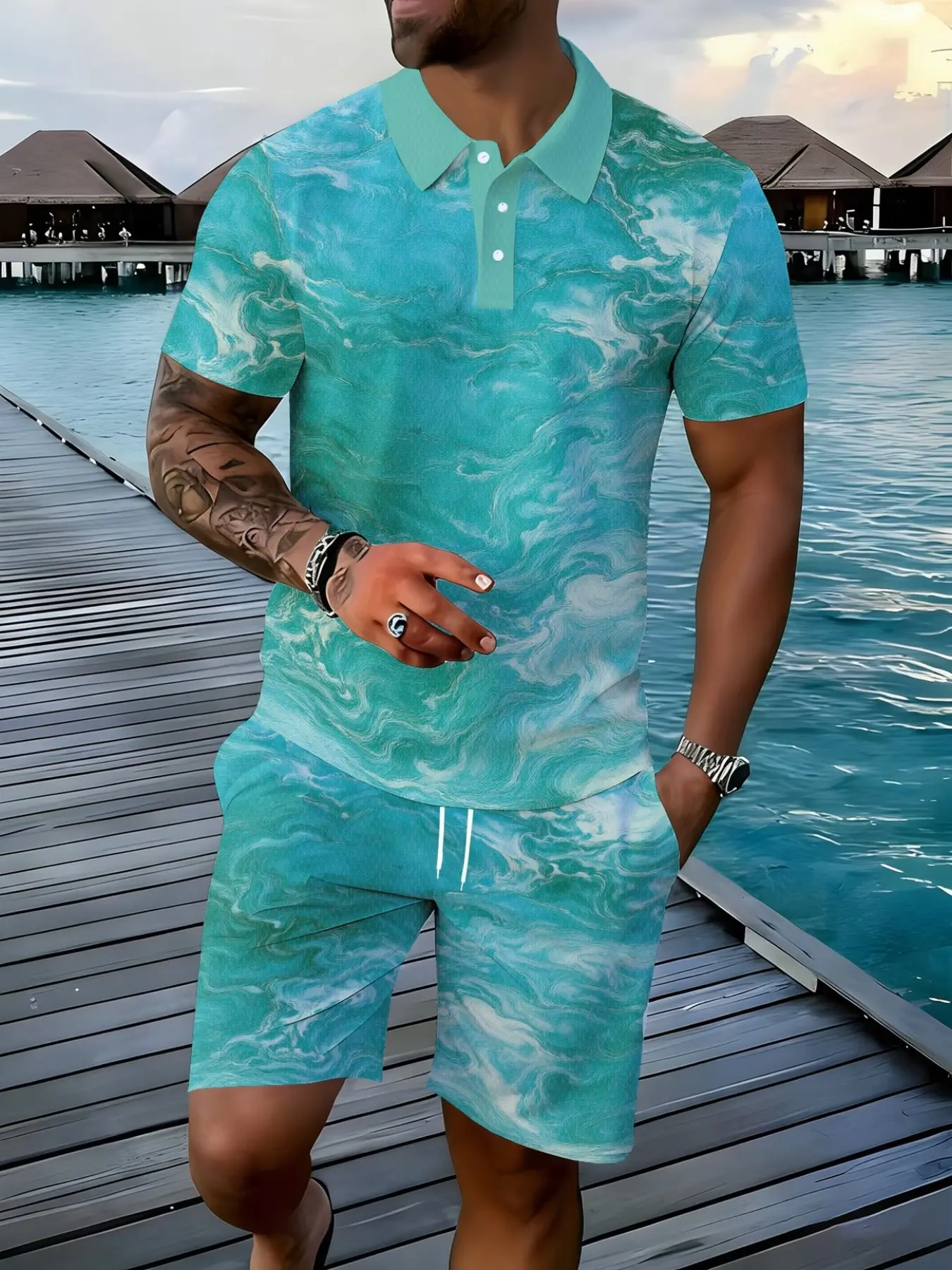 Men's Lake Blue Marble Print Polo Set, Short Sleeve and Shorts Sport Two-Piece, Comfortable and Stylish Men's Apparel