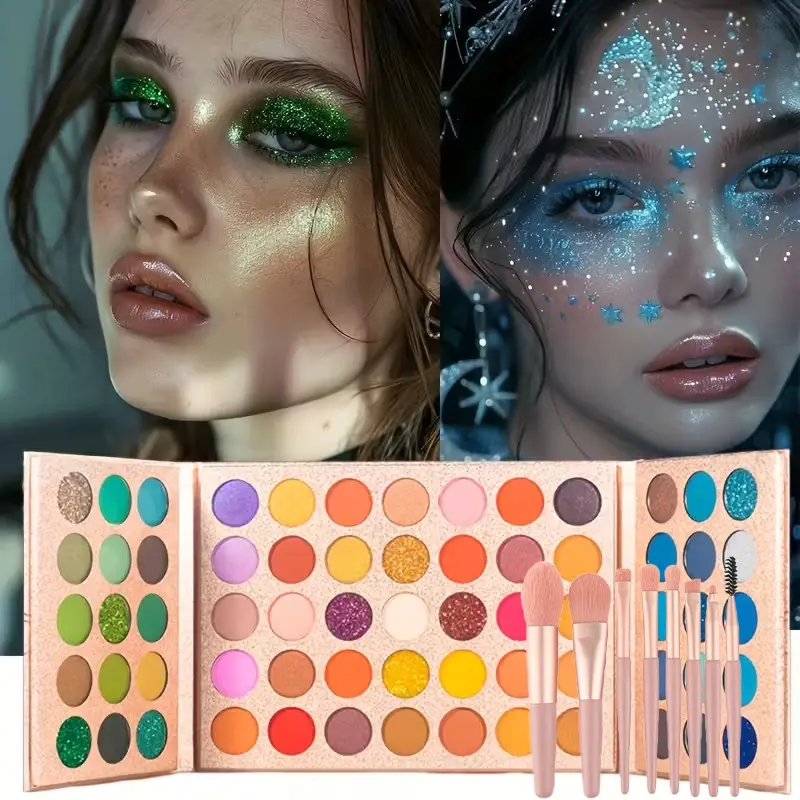 65-Color Eyeshadow Palette with 8 Professional Brushes, Multi-Texture Glitter Makeup Set for Daily, Party, Stage, Holiday Looks