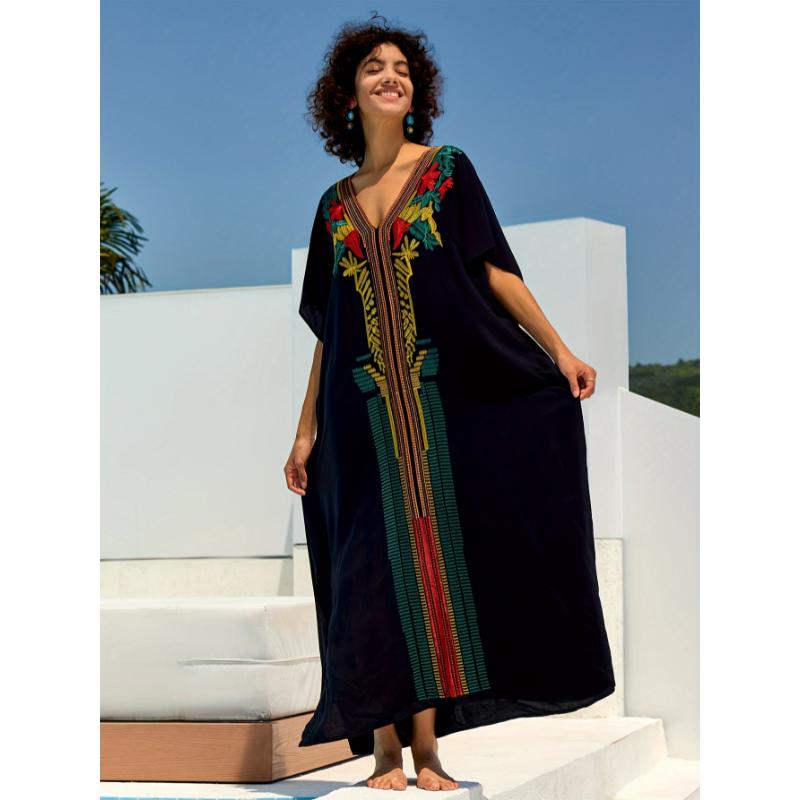 Moroccan Kaftan Dresses For Women Plus Size Caftans Loungewear Embroidered Beach Kaftan Cover Up Mumu House Dress Casual Sleeve