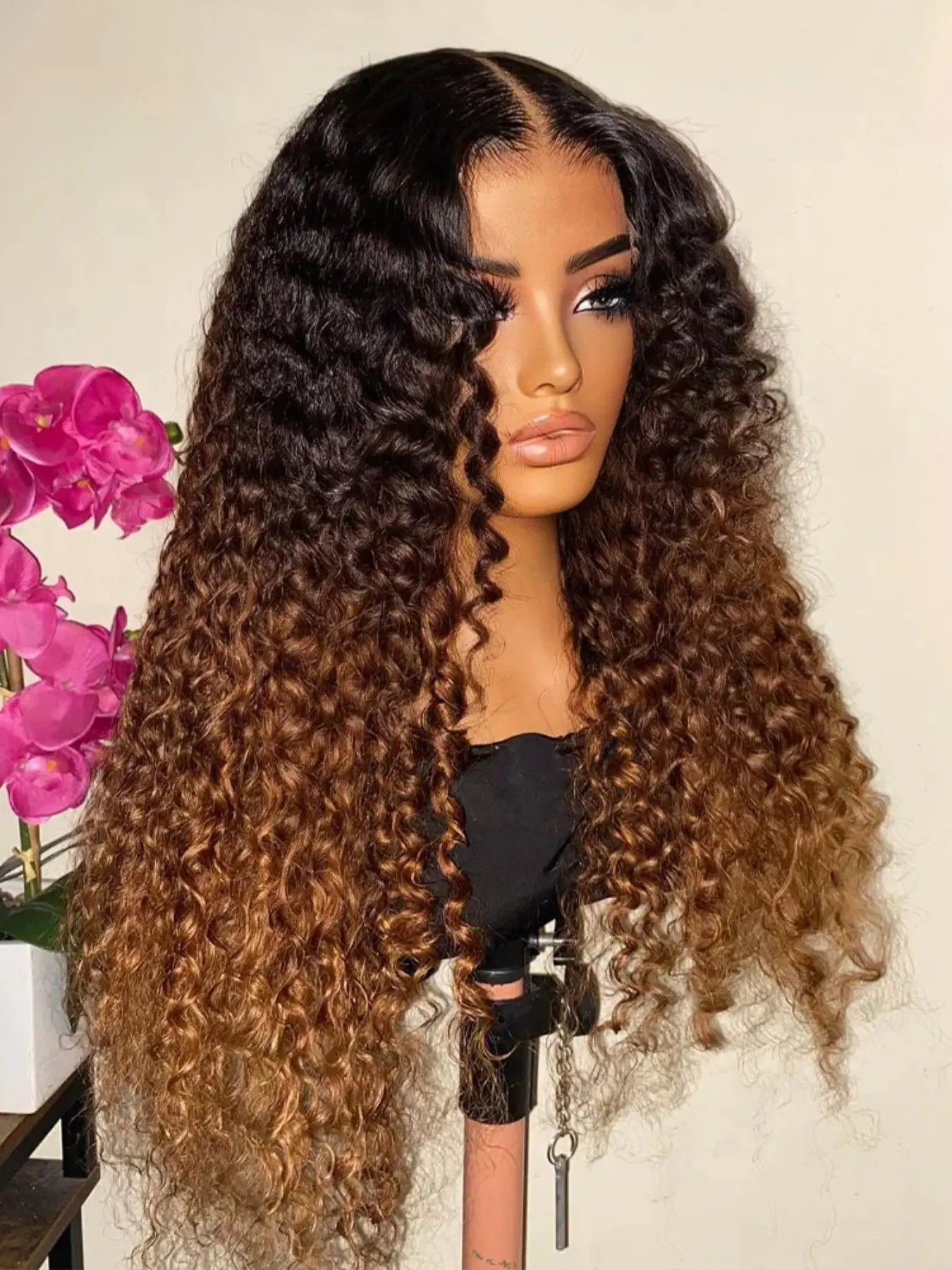 Ombre Brown Soft Long 26 Inch 180 Density Kinky Curly Front Butta Lace Wig, Afro Curly Wig, Glueless Heat Resistant Synthetic Hair, Daily Wear Pre-plucked, Kinky Curly Wigs, Afro Curly Style