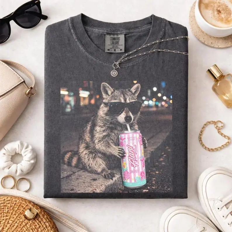 Comfort Colors Raccoon Cotton Candy Drink Graphic T Shirt, Fun Animal Lover TShirt, Vintage Raccoons T-Shirt, Funny Meme Genz Dank Raccoons Graphic Tee Gift