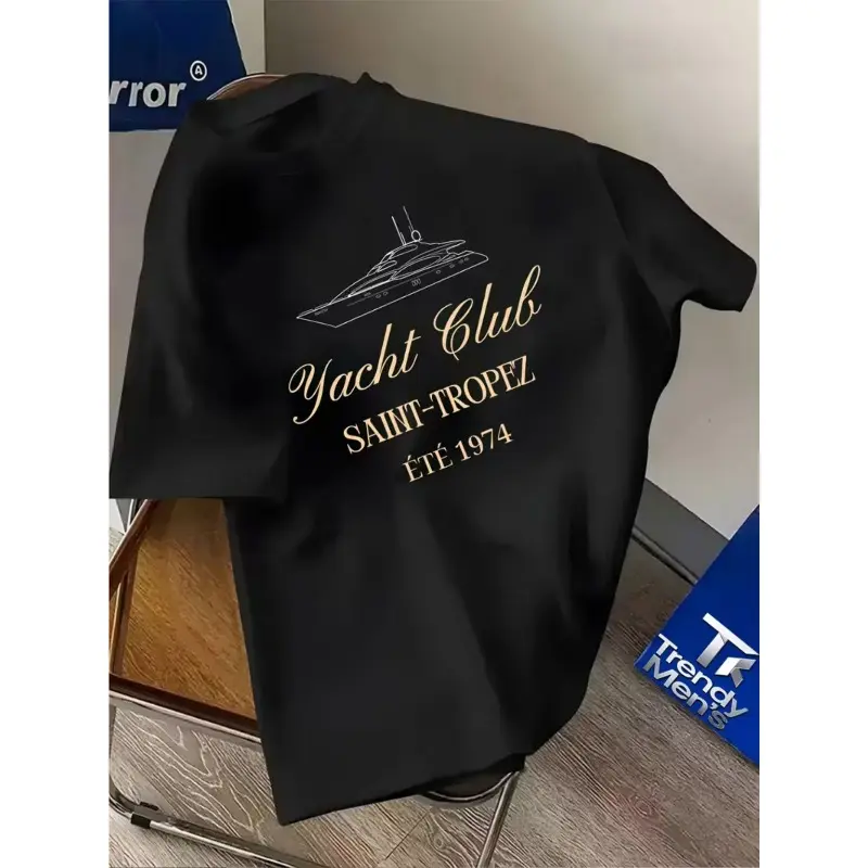Couples Vintage French Saint-Tropez Yacht Club Print T-Shirt - 220G Heavyweight 100% Cotton Fabric, Loose Oversized Streetwear, 1974 Retro Short-Sleeve Casual Tops for Menswear & Womenswear, Unisex