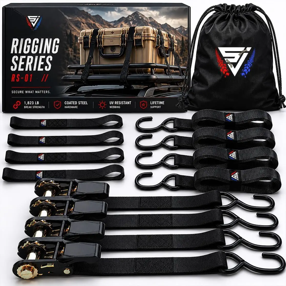Ratchet Tie Down Straps (4 Pack) - 1,823lb Max Break Strength incl. (4) Heavy Duty 1" x 15' Rachet Tie Downs with Hooks & Handles  for Moving Securing Cargo by  (Black)