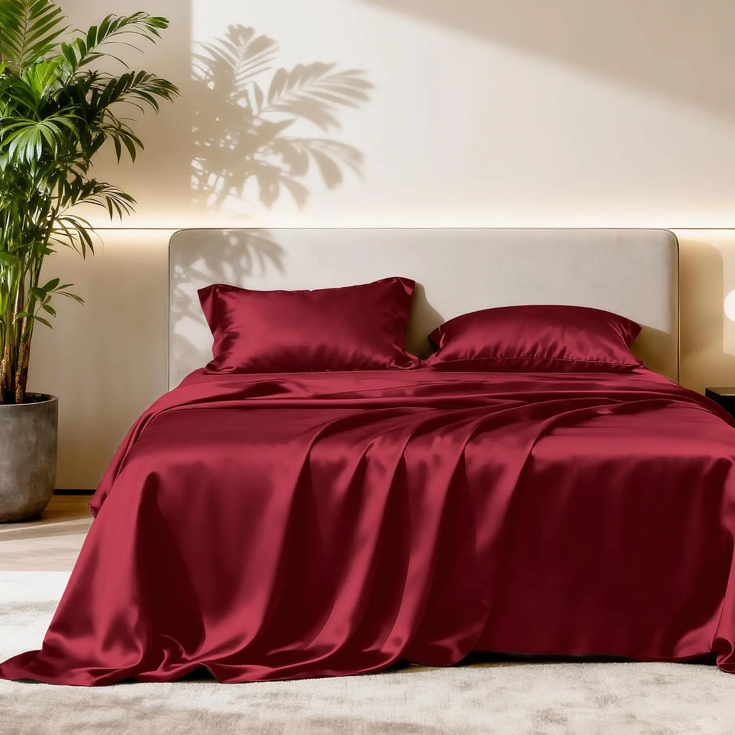 Full Size Sheet Sets - 4 Piece Burgundy Sheet Set Full with Deep, Luxury Silk Feel Bed Sheets Full Bedding Set (1 Flat Sheet,1 Fitted Sheet,2 Pillow)
