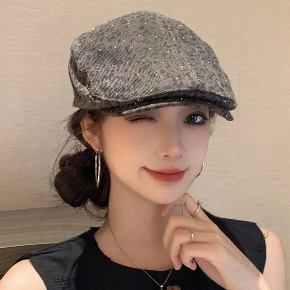HT4874 Berets Shiny Spring Autumn Hat Men Women Leopard Artist Painter Beret Hat Male Female Ivy Flat Cap Adjustable Beret Caps